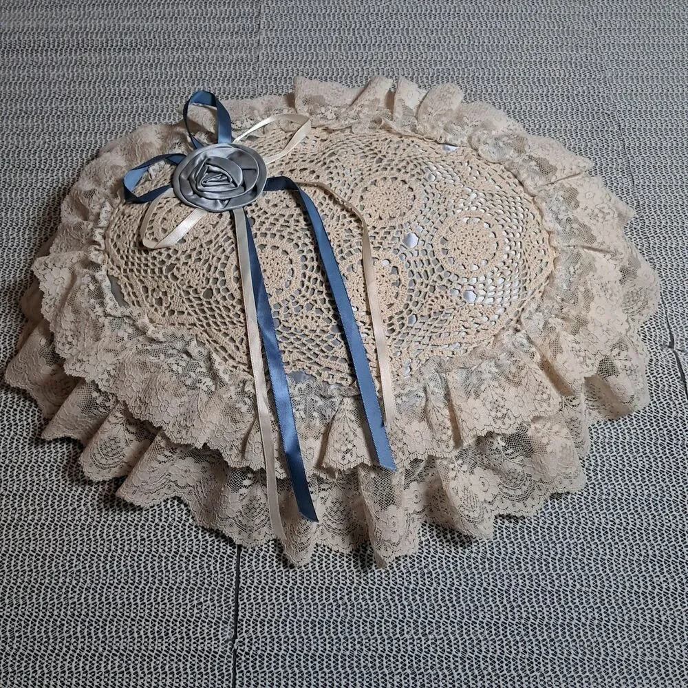 Vtg Boudoir Pillow Satin Doily Lace Ribbon Handmade Granny Core Blue Ivory 80s